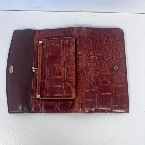 Anne Klein St Thomas Wallet Faux Croc Leather Brown Kiss Lock Change Purse - Picture 2 of 7